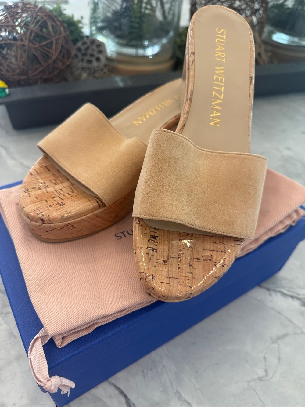 Stuart Weitzman Beige Suede Cork Wedge Slide Mules